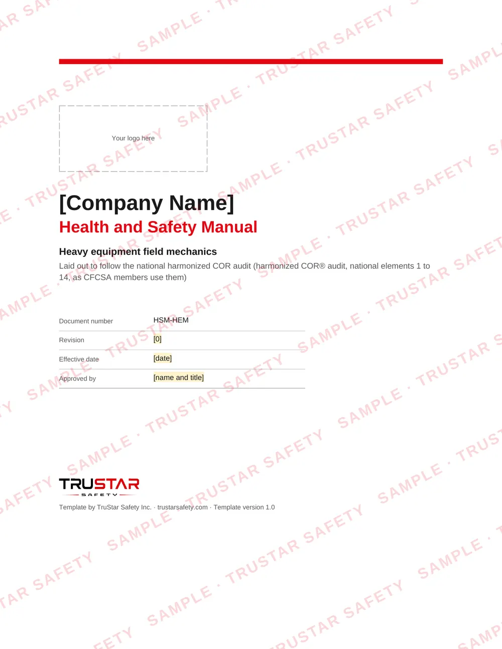 Cover of the heavy equipment field mechanics safety manual template, with a logo box and the company name field
