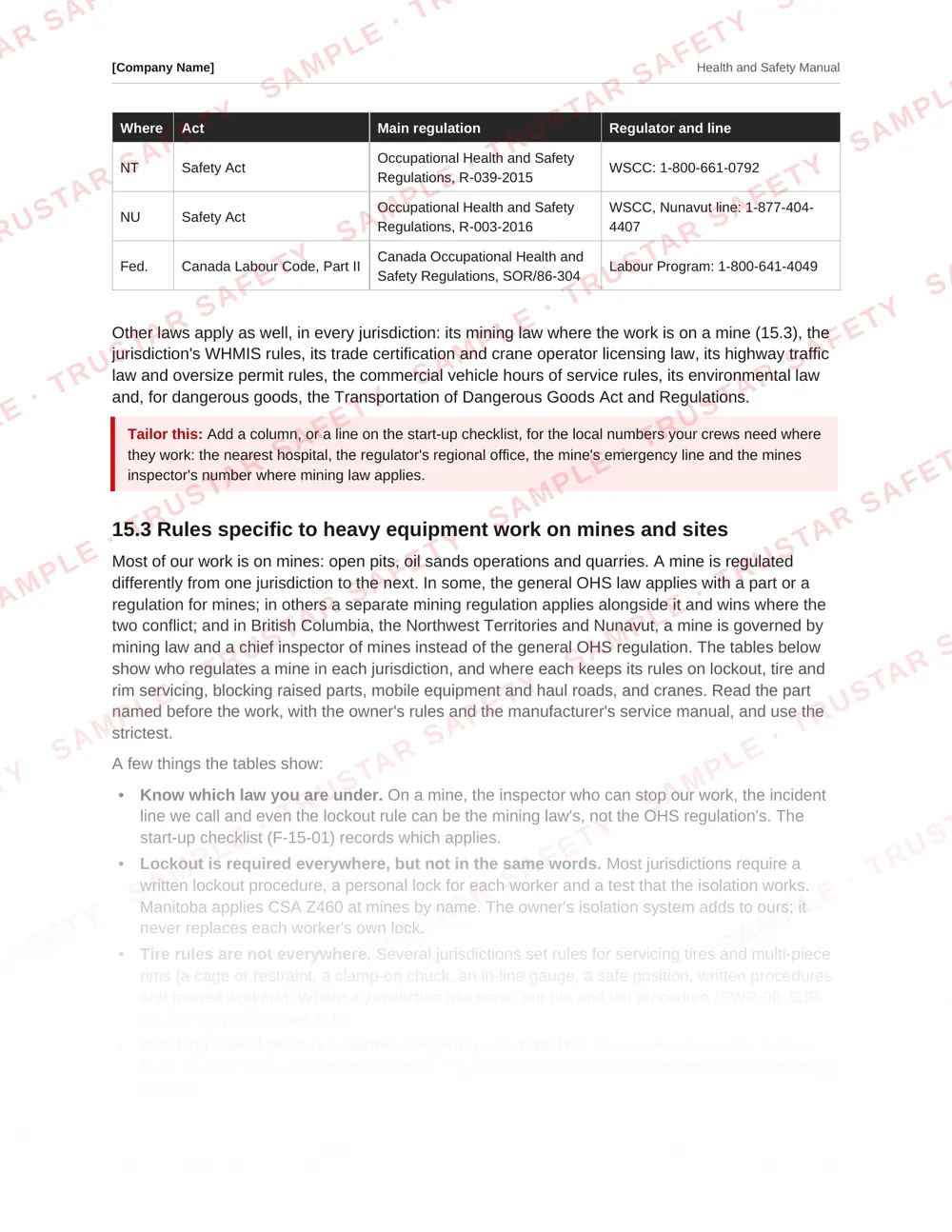 Table of each Canadian jurisdiction's rules from the heavy equipment field mechanics safety manual template