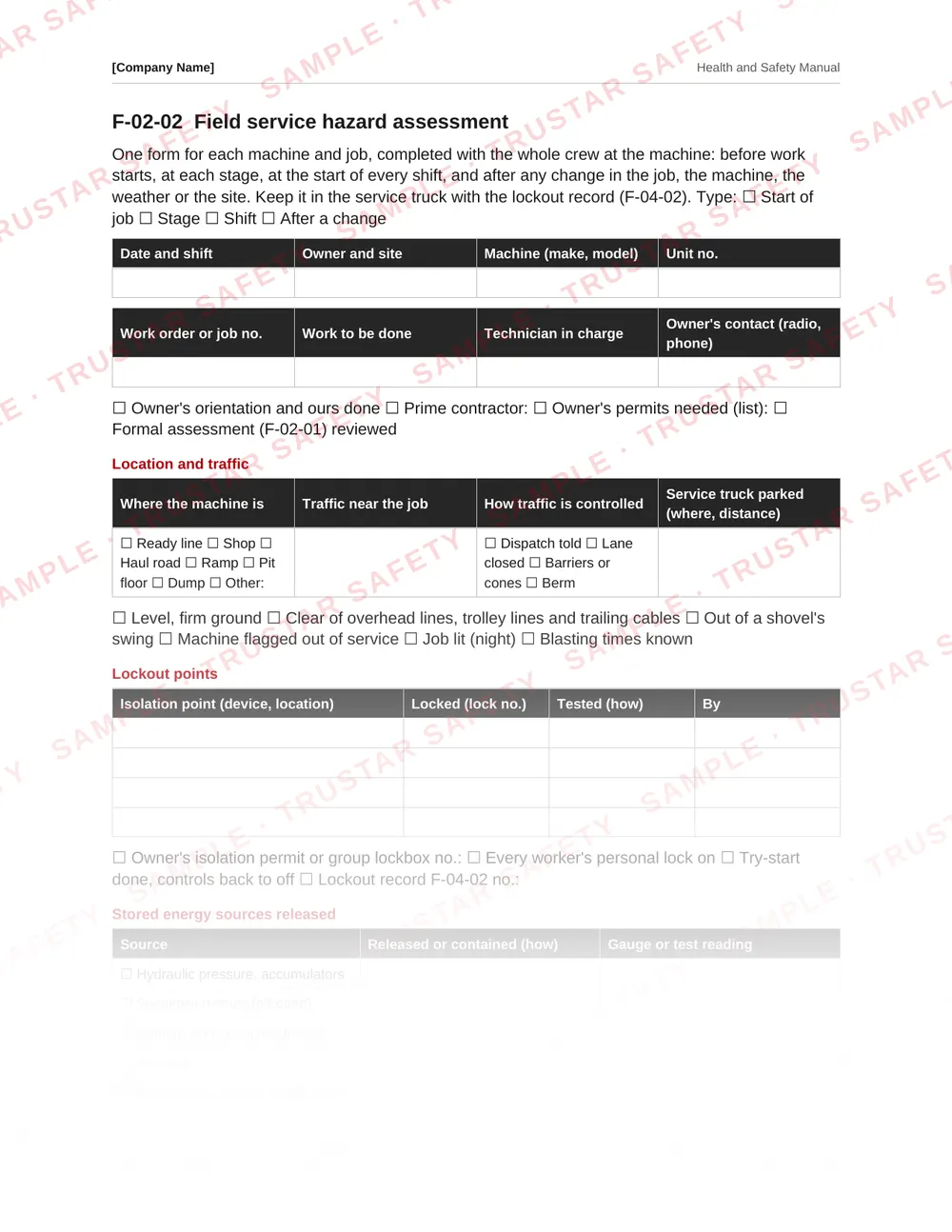 Lockout and stored energy release record from the heavy equipment field mechanics safety manual template