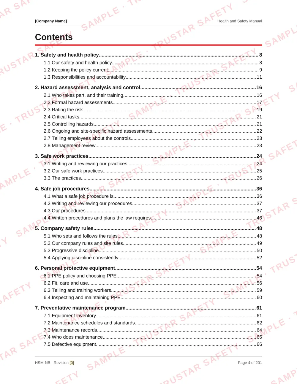 Table of contents of the New Brunswick COR safety manual template, laid out by NBCSA COR audit section including the New Brunswick supplement
