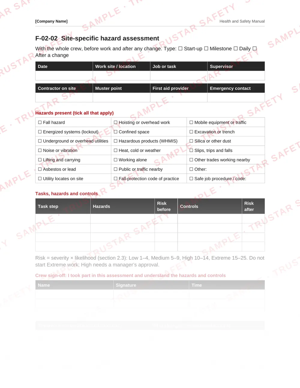 Site-specific hazard assessment form from the New Brunswick safety manual template