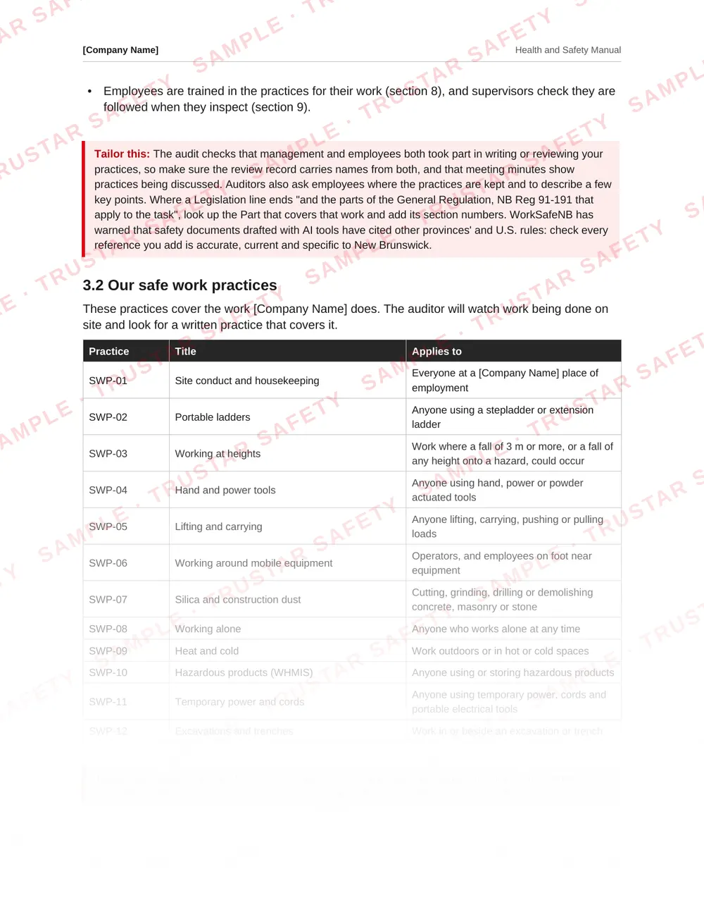 List of safe work practices from the New Brunswick safety manual template, including ladders, working at heights and silica