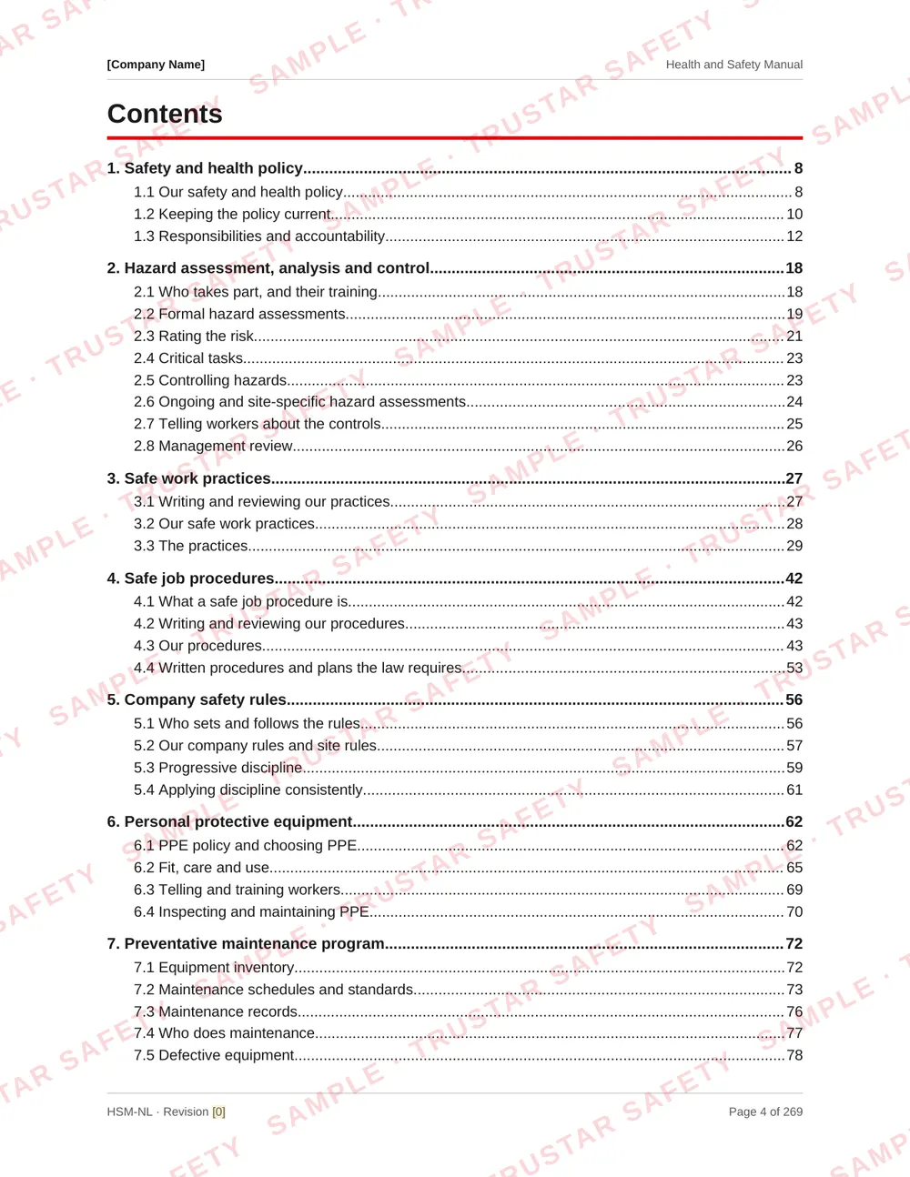 Table of contents of the Newfoundland and Labrador COR safety manual template, laid out by NLCSA COR audit section including the eight provincial supplements