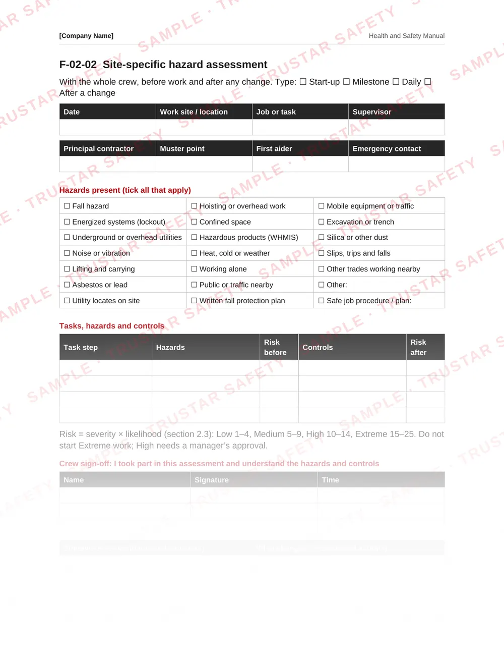 Site-specific hazard assessment form from the Newfoundland and Labrador safety manual template