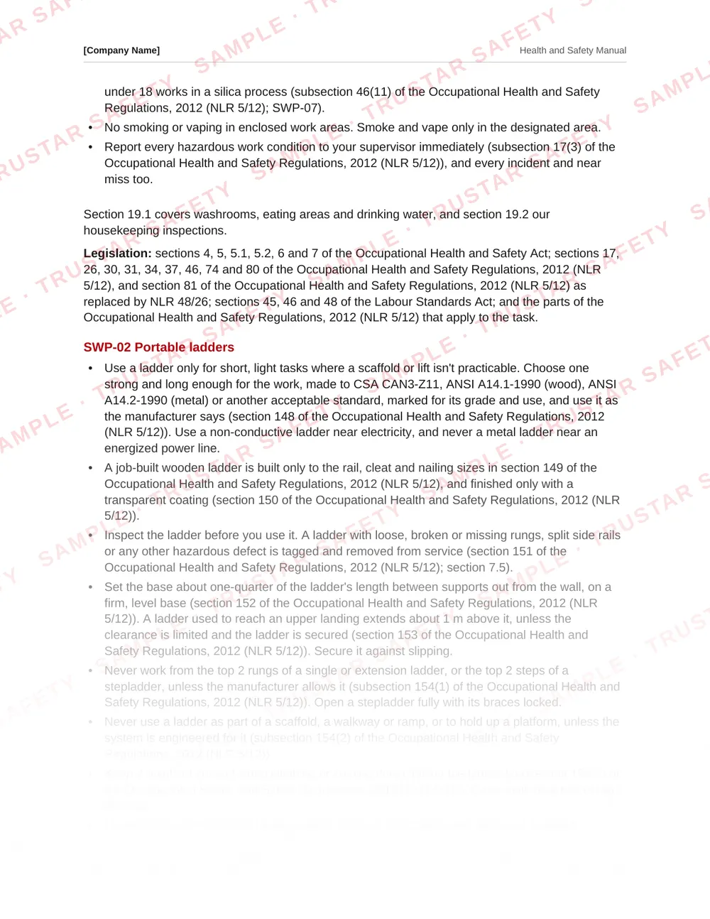 The portable ladders safe work practice from the Newfoundland and Labrador safety manual template, each rule cited to the Newfoundland and Labrador regulations