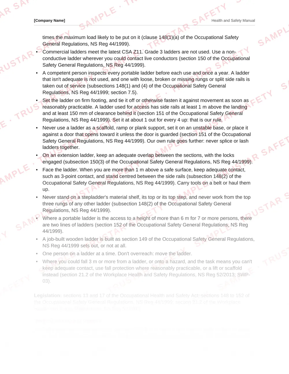 The portable ladders safe work practice from the Nova Scotia safety manual template, each rule cited to the Nova Scotia regulations
