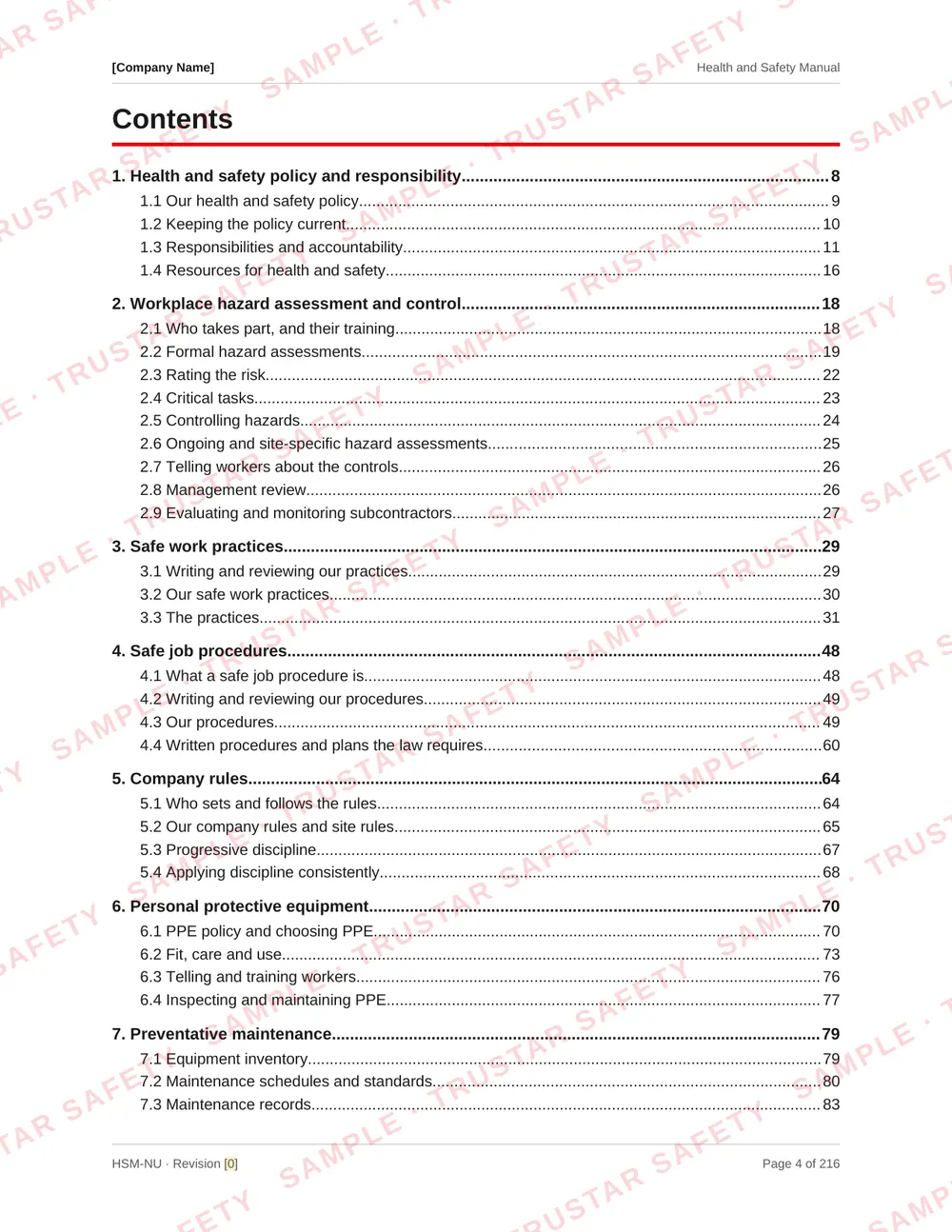 Table of contents of the Nunavut COR safety manual template, laid out by NSA COR audit section including return to work and substance abuse prevention