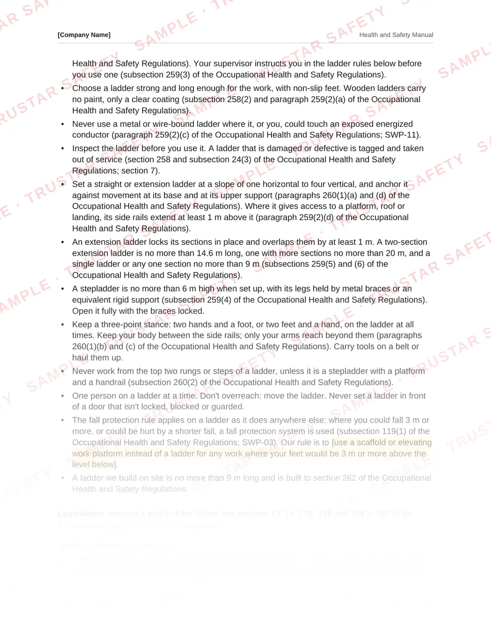 The portable ladders safe work practice from the Nunavut safety manual template, each rule cited to the Occupational Health and Safety Regulations