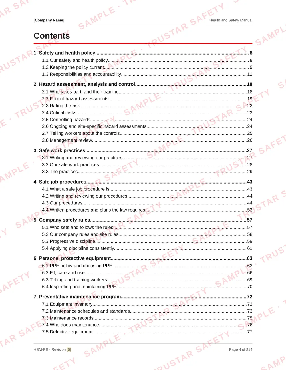 Table of contents of the Prince Edward Island safety manual template, laid out on the 14 national COR elements with a section of Prince Edward Island requirements