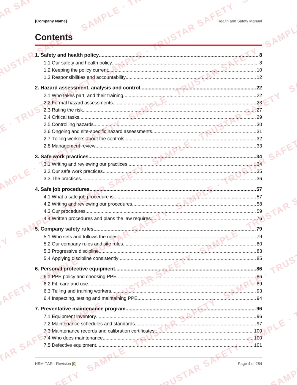 Table of contents of the industrial turnaround and shutdown safety manual template