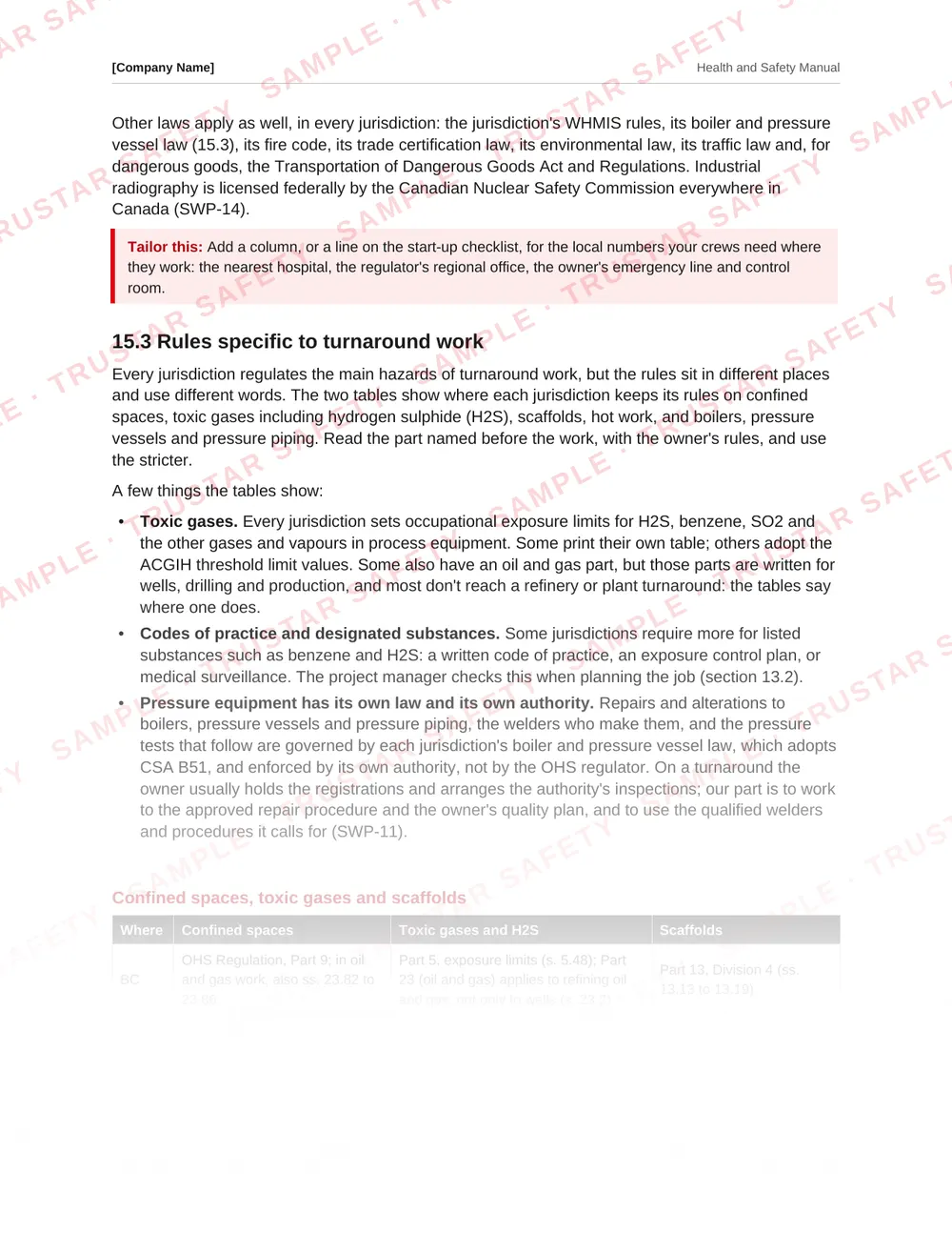 Table of each Canadian jurisdiction's turnaround rules from the industrial turnaround and shutdown safety manual template