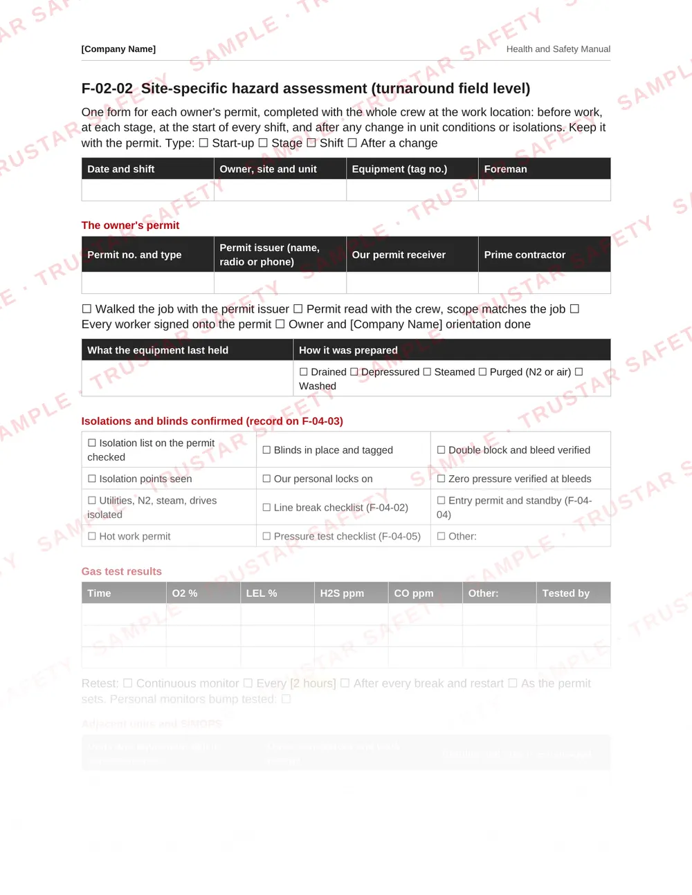 Line break and equipment opening checklist from the industrial turnaround and shutdown safety manual template