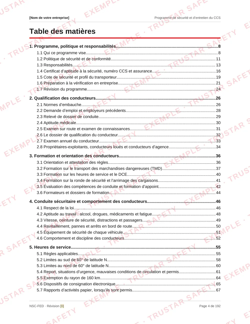 Table of contents of the French edition of the NSC safety and maintenance program template