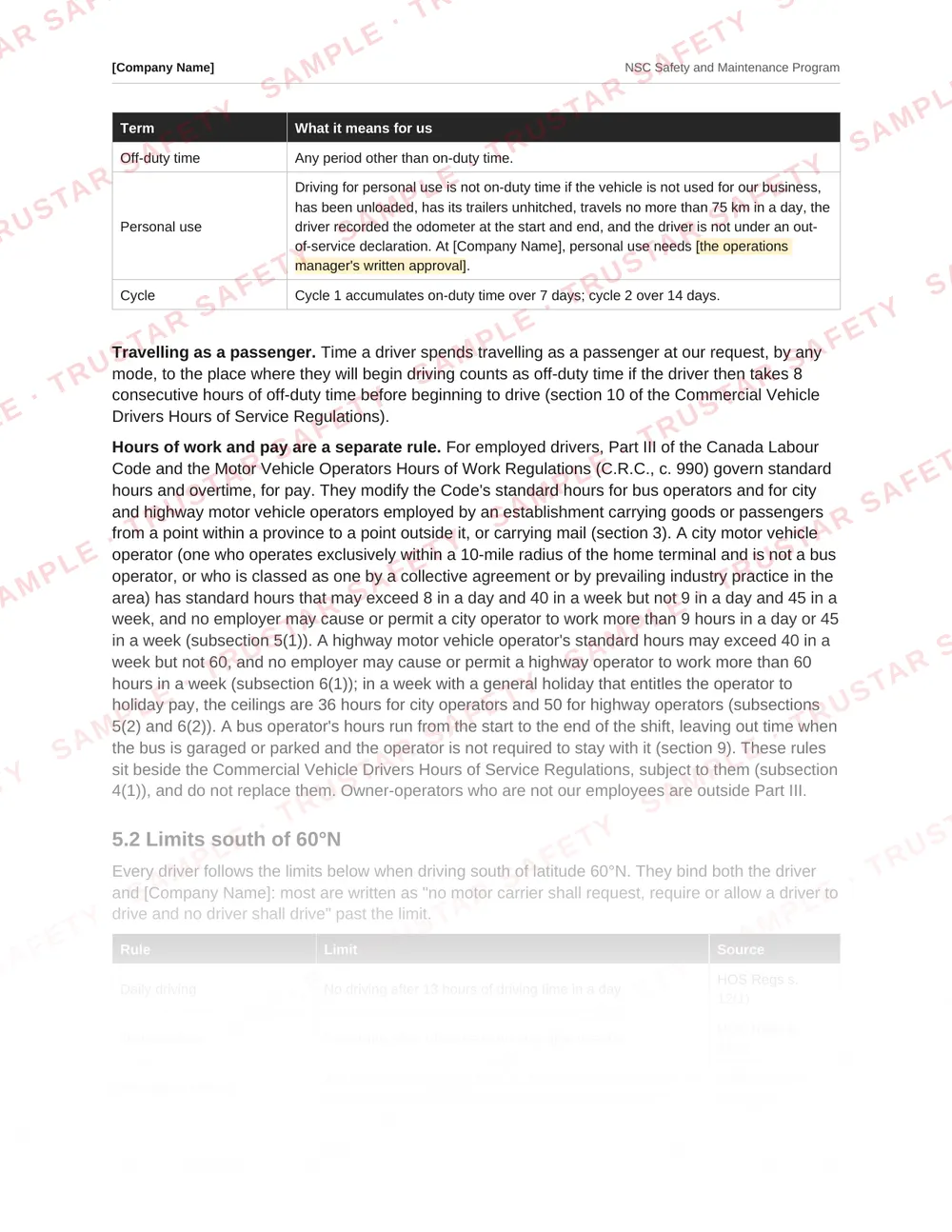 The hours of service section of the NSC safety and maintenance program template