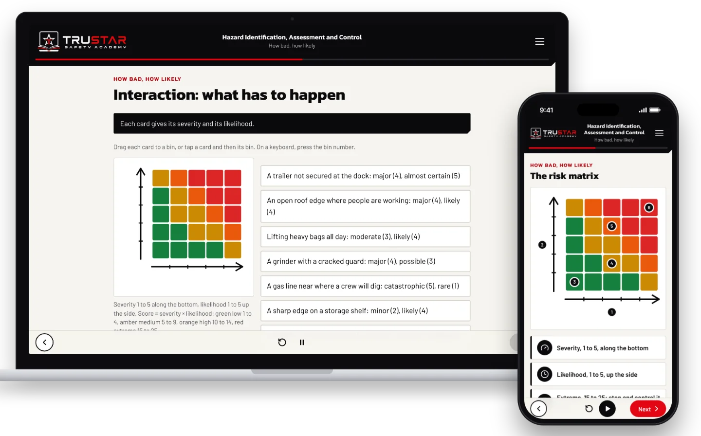 Hazard identification course on a laptop and a phone: sorting hazards on a risk matrix