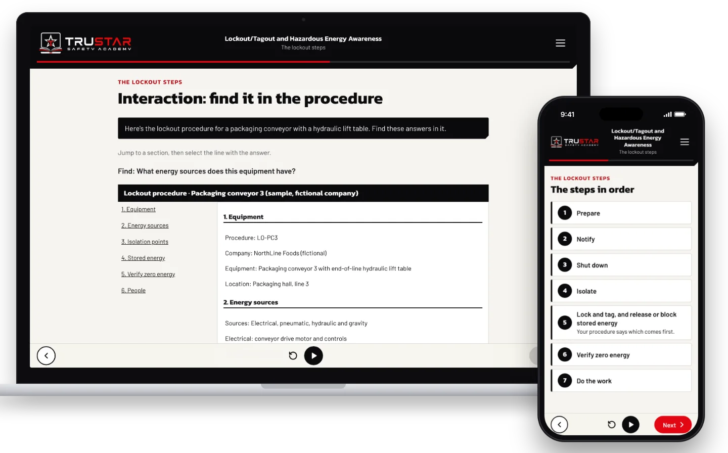 Lockout course on a laptop and a phone: working through a lockout procedure