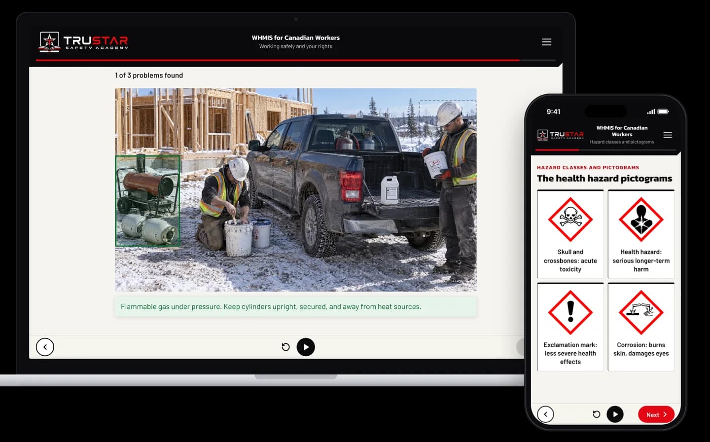 WHMIS course on a laptop and a phone: a spot-the-hazard scene and a pictogram screen