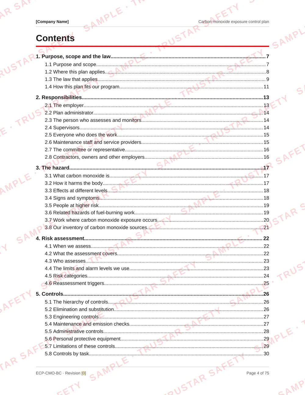 Table of contents of the Carbon monoxide exposure control plan template, from purpose and the law through emission checks, gas detection, safe work procedures and review