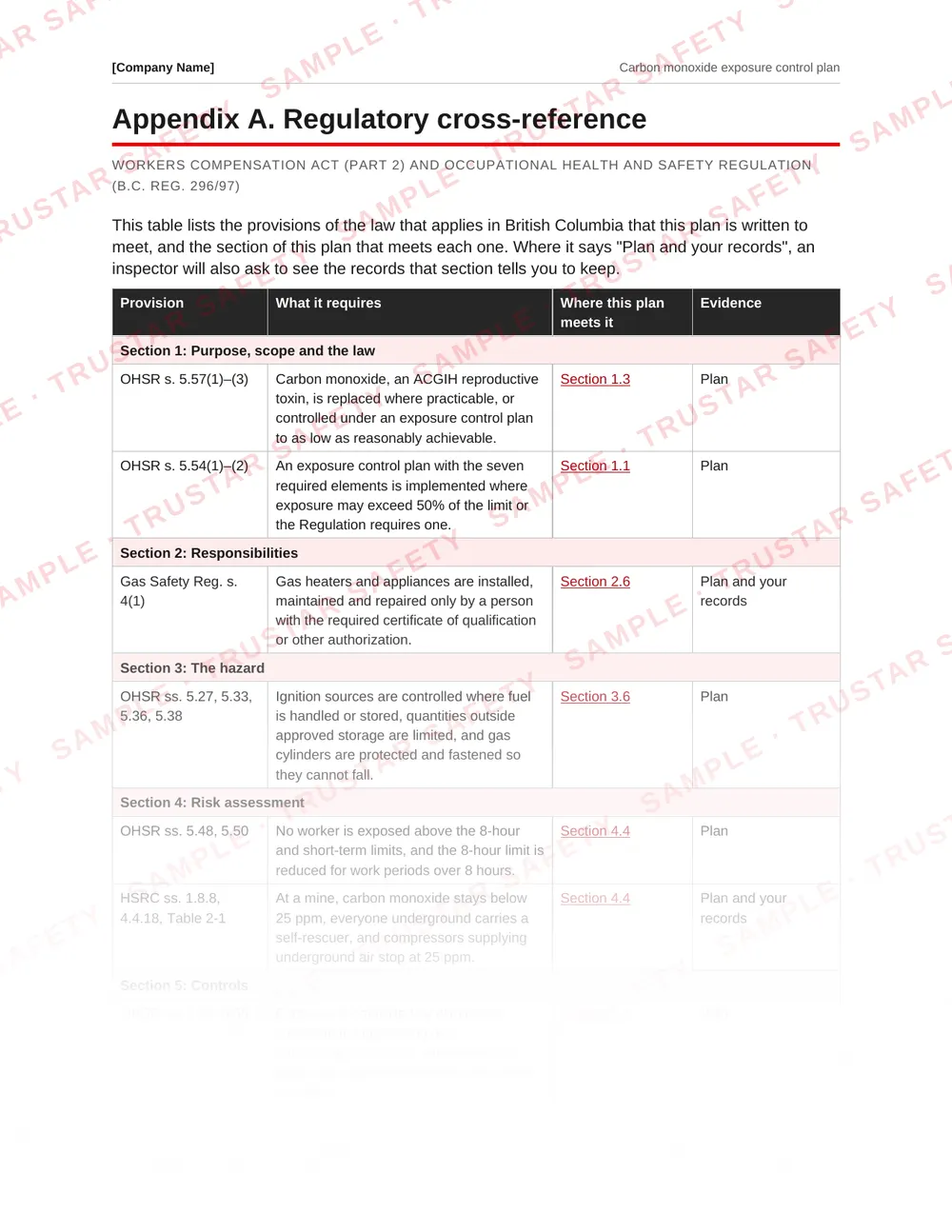 Regulatory cross-reference table mapping carbon monoxide provisions to sections of the Carbon monoxide exposure control plan template