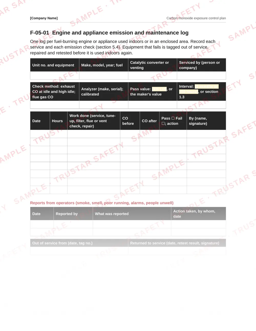 Engine and appliance emission and maintenance log with columns for each service, carbon monoxide reading and action, from the Carbon monoxide exposure control plan template