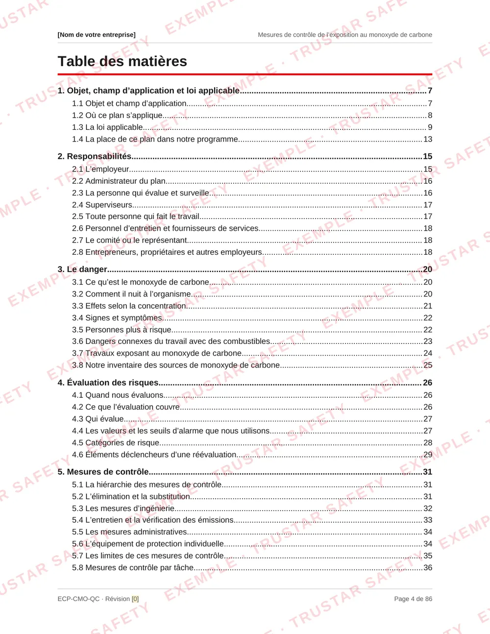 Table of contents of the French edition of the carbon monoxide exposure control plan template, from purpose and the law through emission checks, gas detection, safe work procedures and review