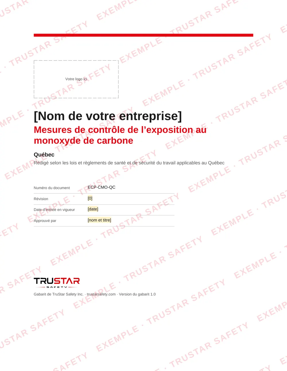 Cover of the French edition of the carbon monoxide exposure control plan template (Mesures de contrôle de l’exposition au monoxyde de carbone), with a logo box and the company name field