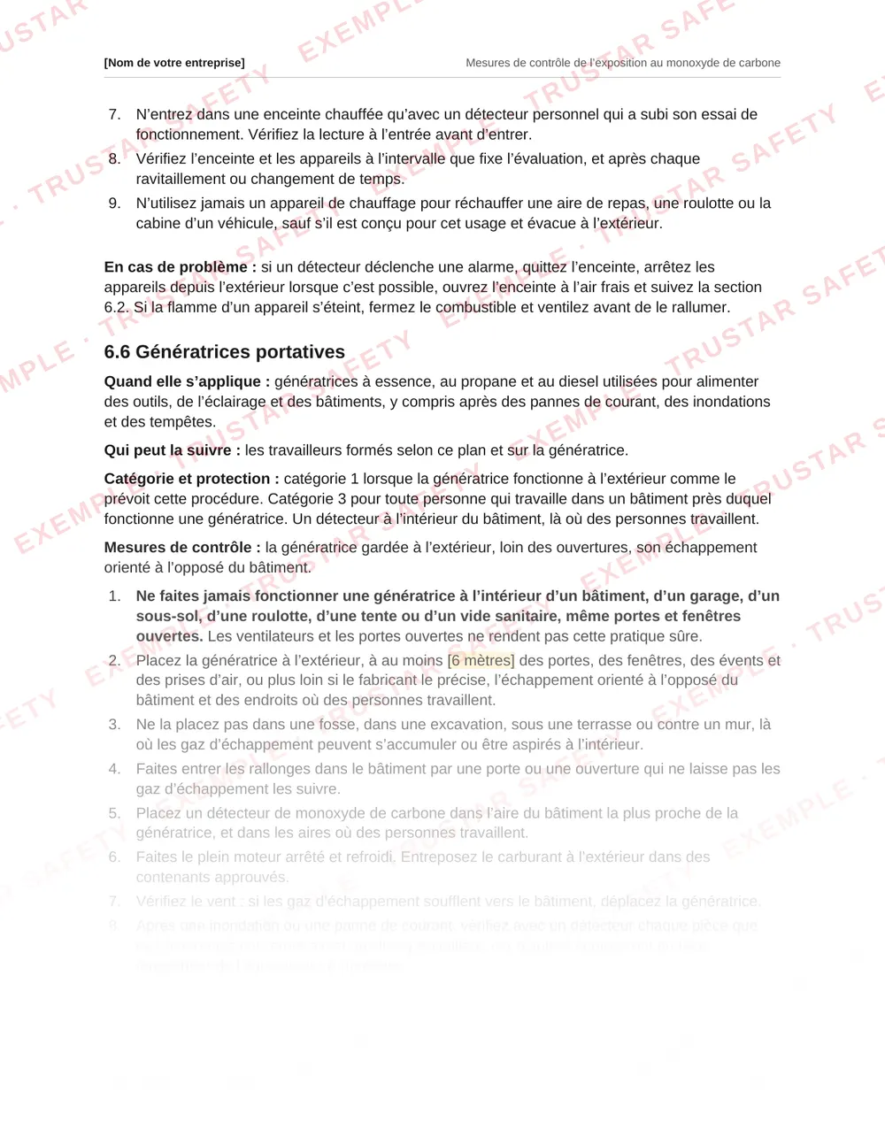 French portable generator procedure from the carbon monoxide plan template