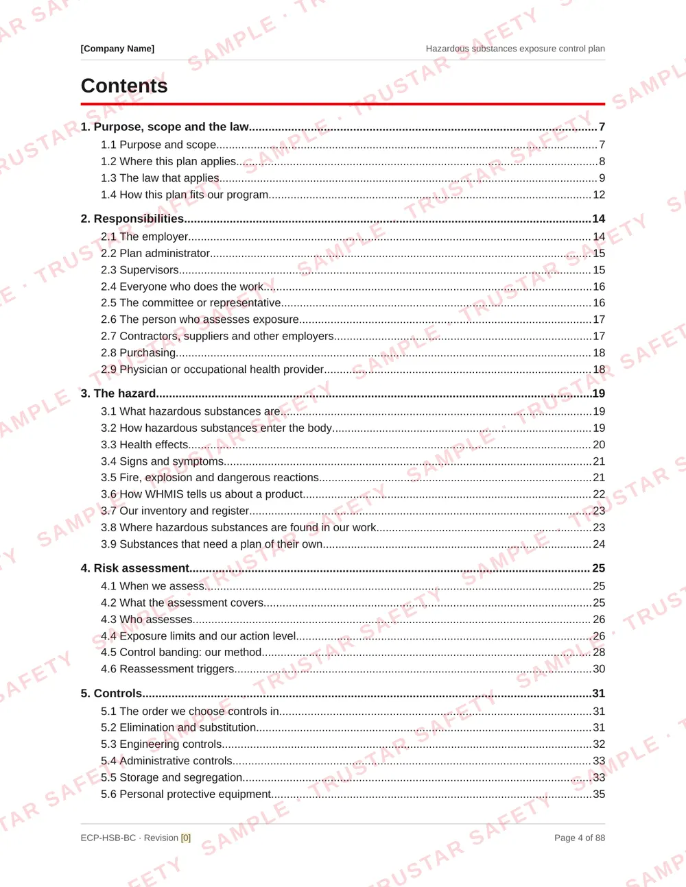 Table of contents of the Hazardous substances exposure control plan template