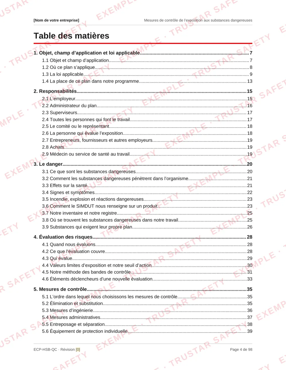 Table of contents of the French edition of the hazardous substances exposure control plan template, from WHMIS labels and the chemical inventory through control banding, storage by compatibility and thirteen task procedures