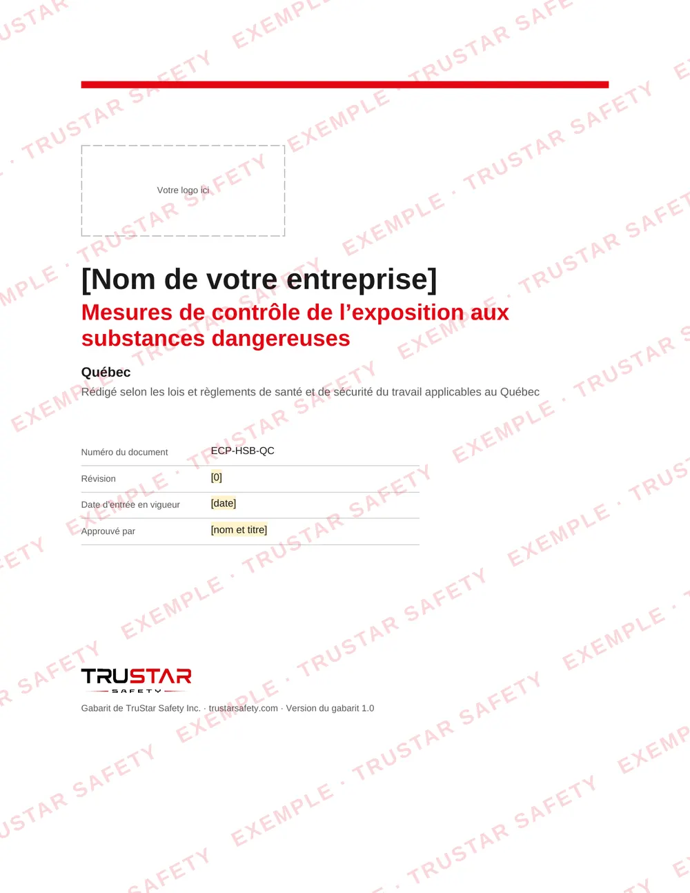 Cover of the French edition of the hazardous substances exposure control plan template (Mesures de contrôle de l’exposition aux substances dangereuses), with a logo box and the company name field