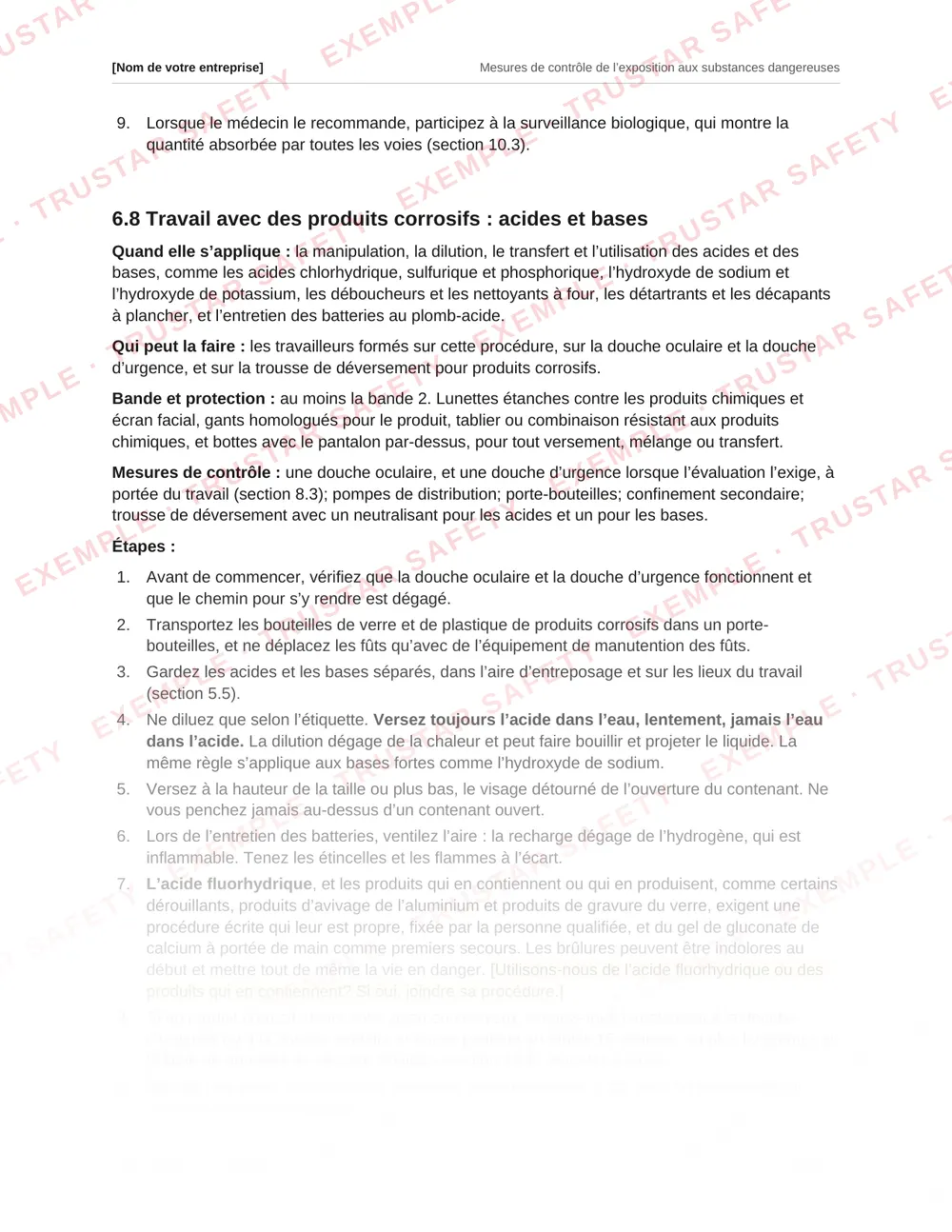French procedure for working with corrosives from the hazardous substances exposure control plan template