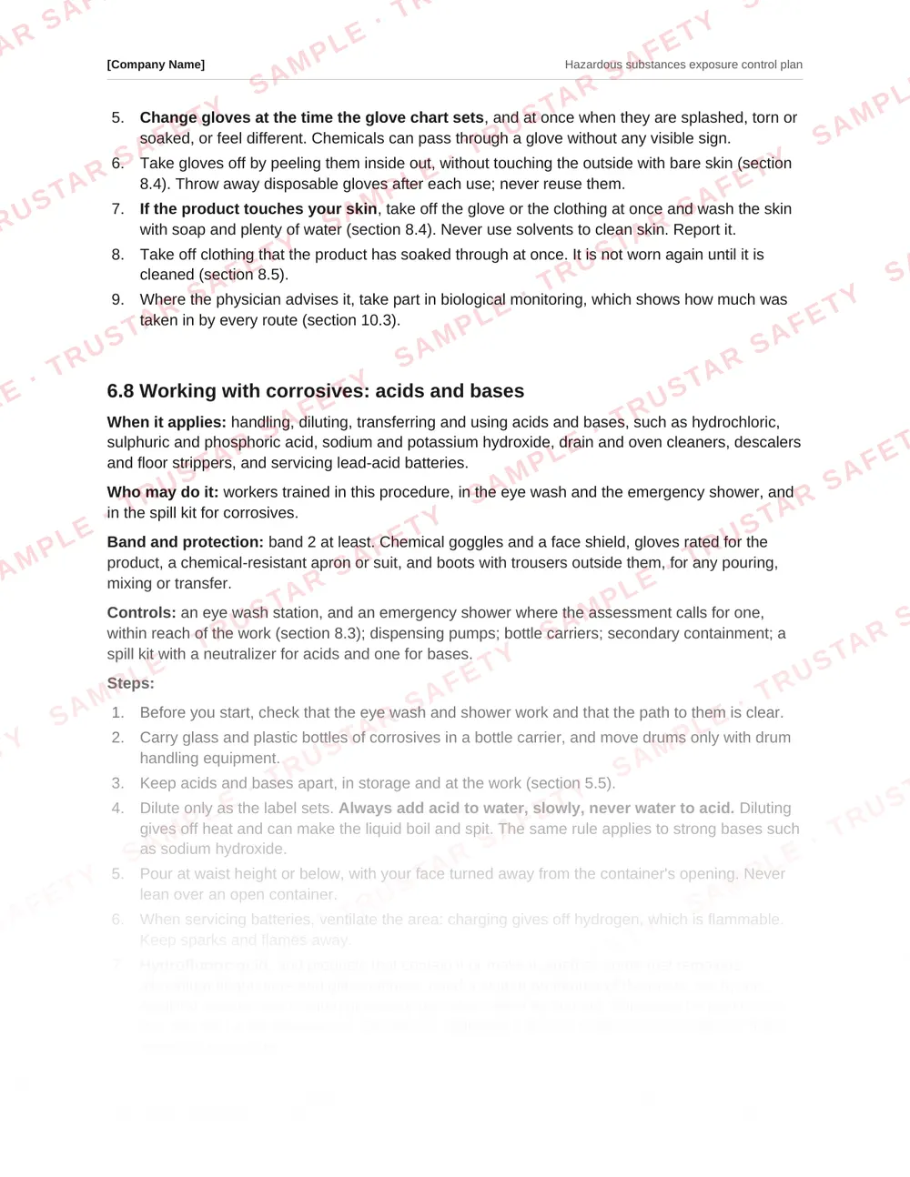The procedure for working with corrosives from the Hazardous substances exposure control plan template