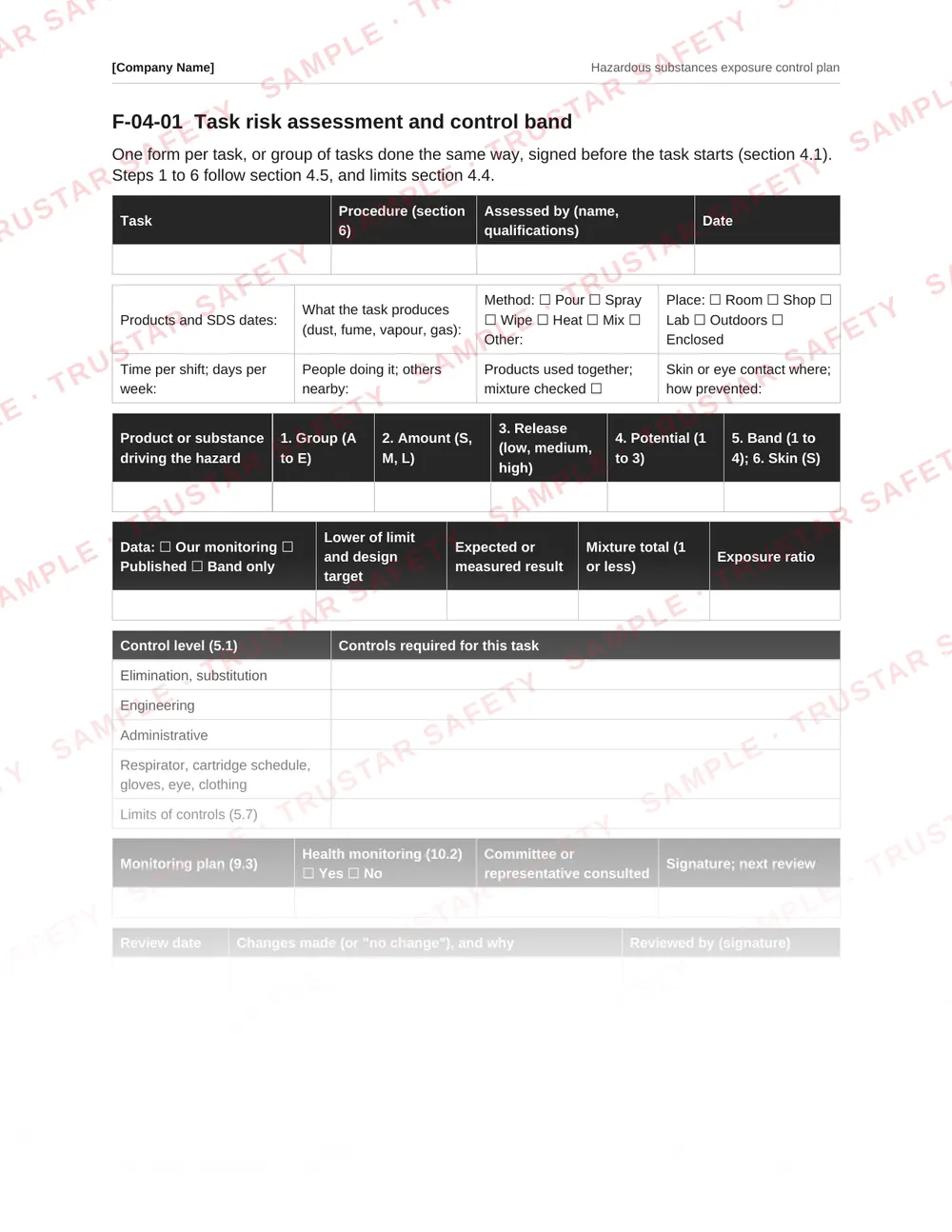 Task risk assessment and control band form from the Hazardous substances exposure control plan template