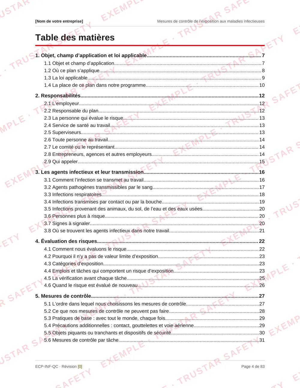 Table of contents of the French edition of the infectious disease exposure control plan template, from infectious agents and risk assessment to routine practices, additional precautions and seventeen safe work procedures