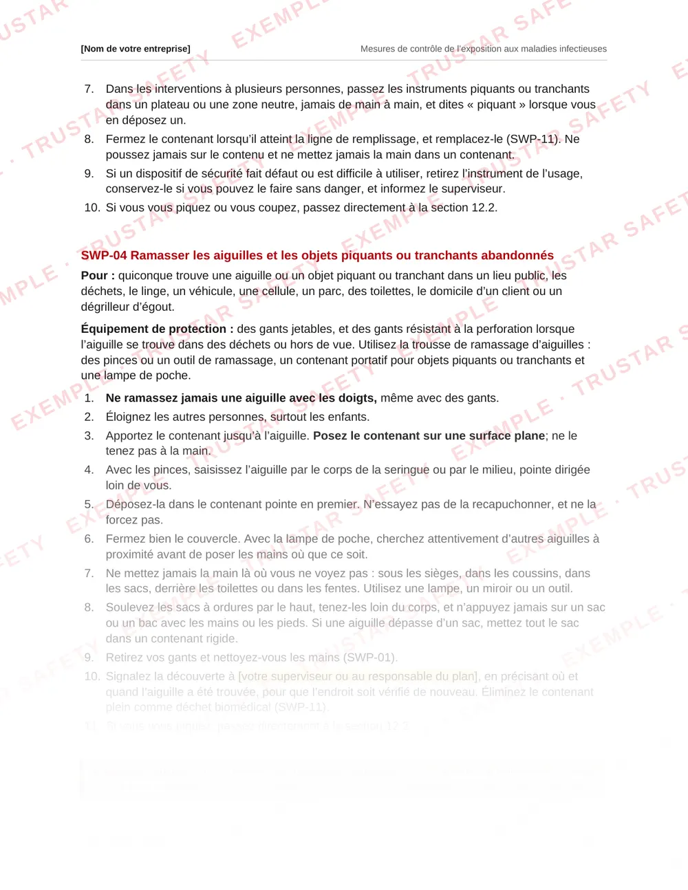 French procedure for picking up discarded needles from the infectious disease plan template