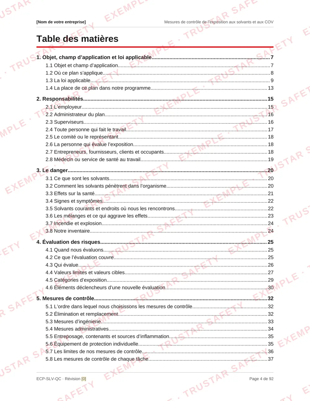 Table of contents of the French edition of the solvents and VOCs exposure control plan template, from health effects and risk assessment with the mixture calculation through gloves and thirteen task procedures