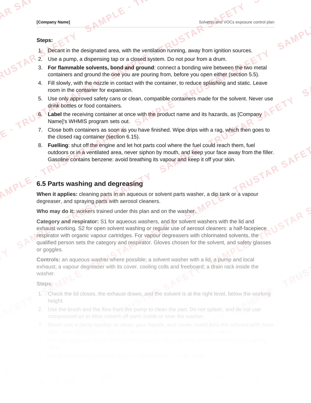 The parts washing and degreasing procedure from the Solvents and VOCs exposure control plan template