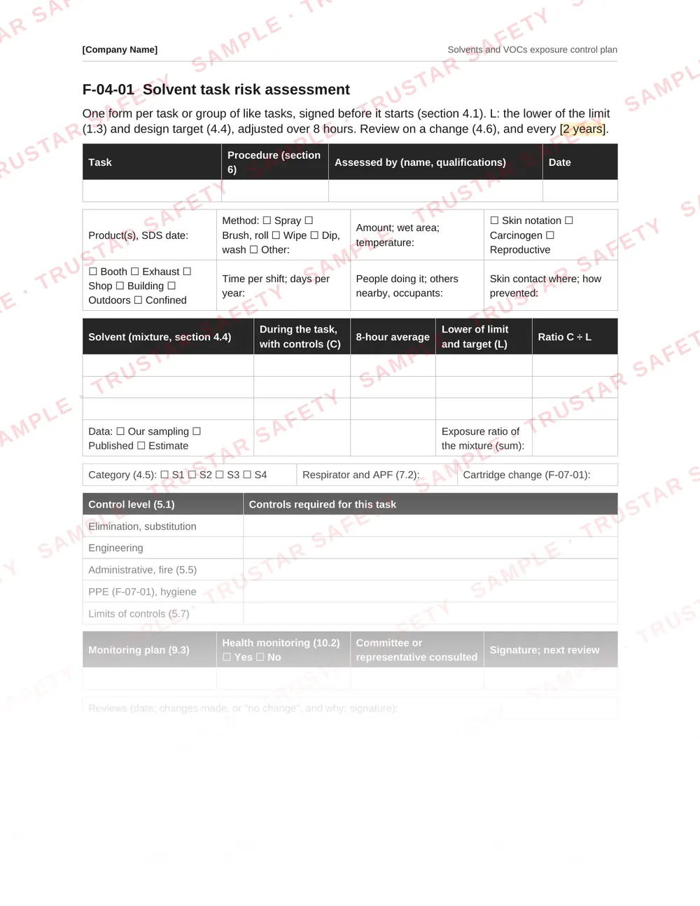 Solvent task risk assessment form from the Solvents and VOCs exposure control plan template
