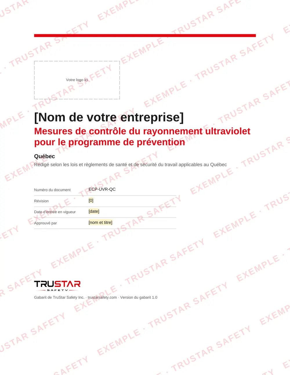 Cover of the French edition of the ultraviolet radiation exposure control plan template (Mesures de contrôle du rayonnement ultraviolet pour le programme de prévention), with a logo box and the company name field