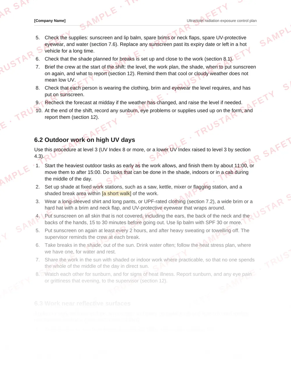 Safe work procedure for outdoor work on days when the UV Index is 8 or more, from the Ultraviolet radiation exposure control plan template