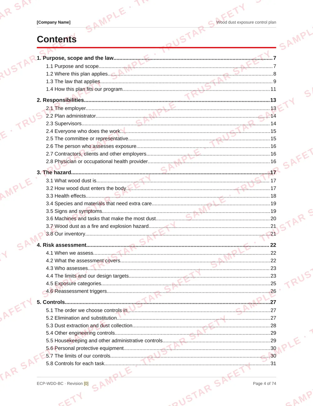 Table of contents of the Wood dust exposure control plan template