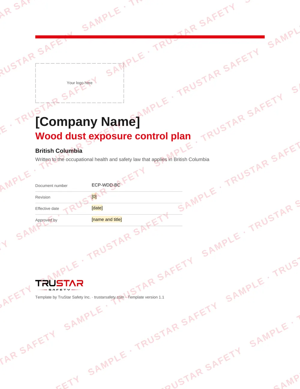 Cover of the Wood dust exposure control plan template for use in British Columbia, with a logo box and the company name field