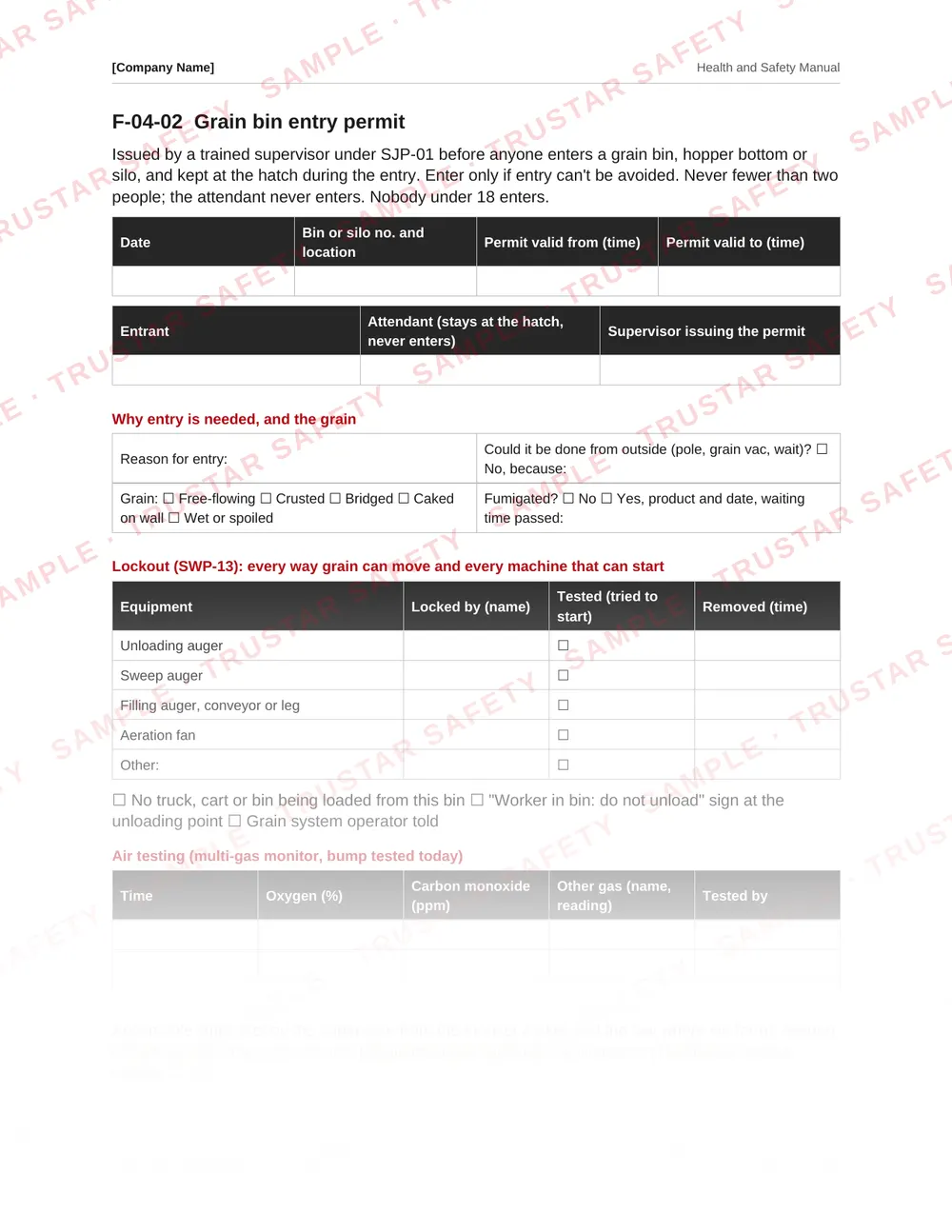 Grain bin entry permit from the agriculture health and safety manual template