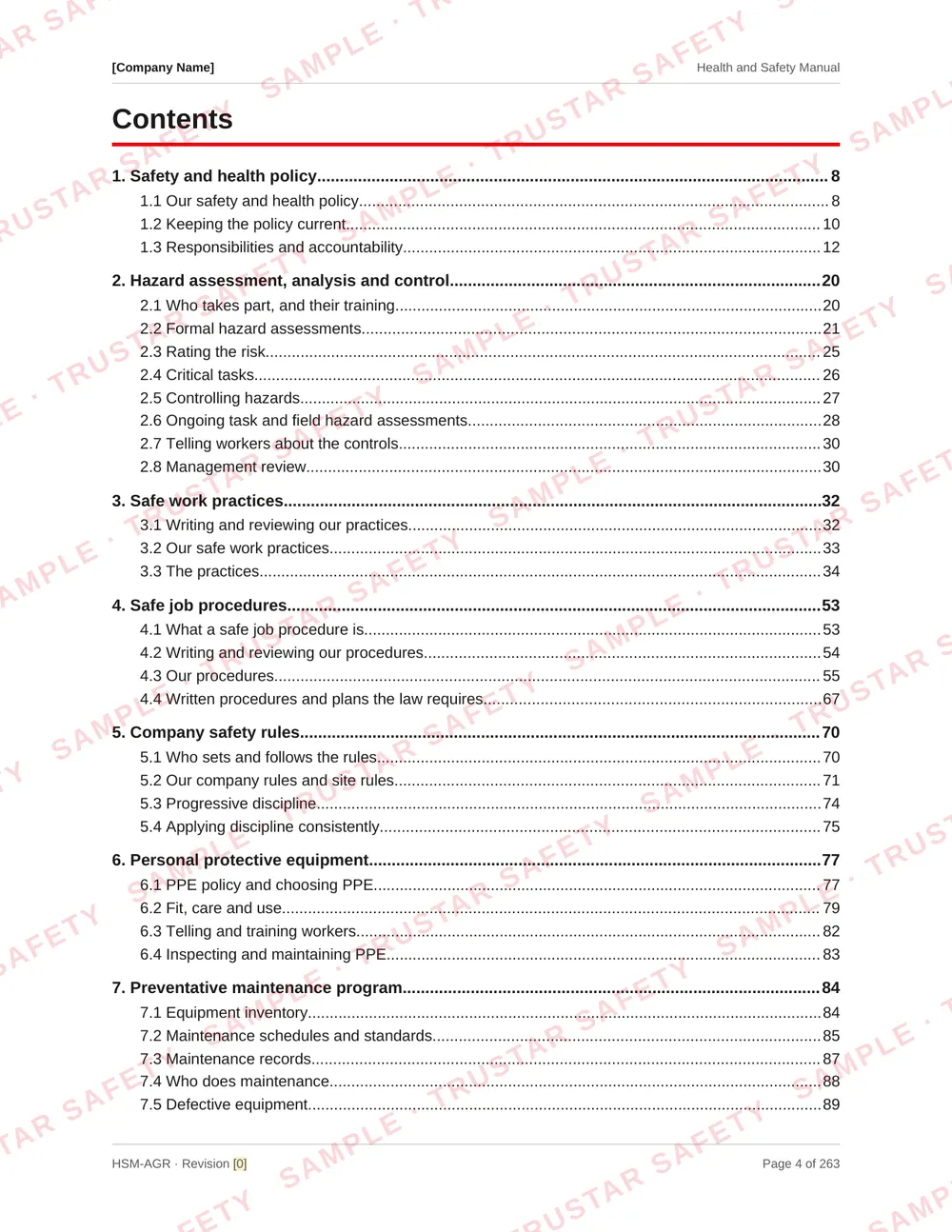 Table of contents of the agriculture health and safety manual template