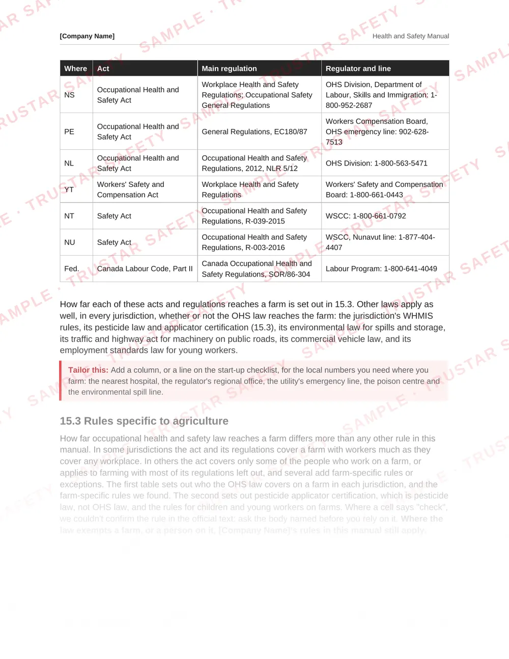 Table of each Canadian jurisdiction's farm rules from the agriculture health and safety manual template
