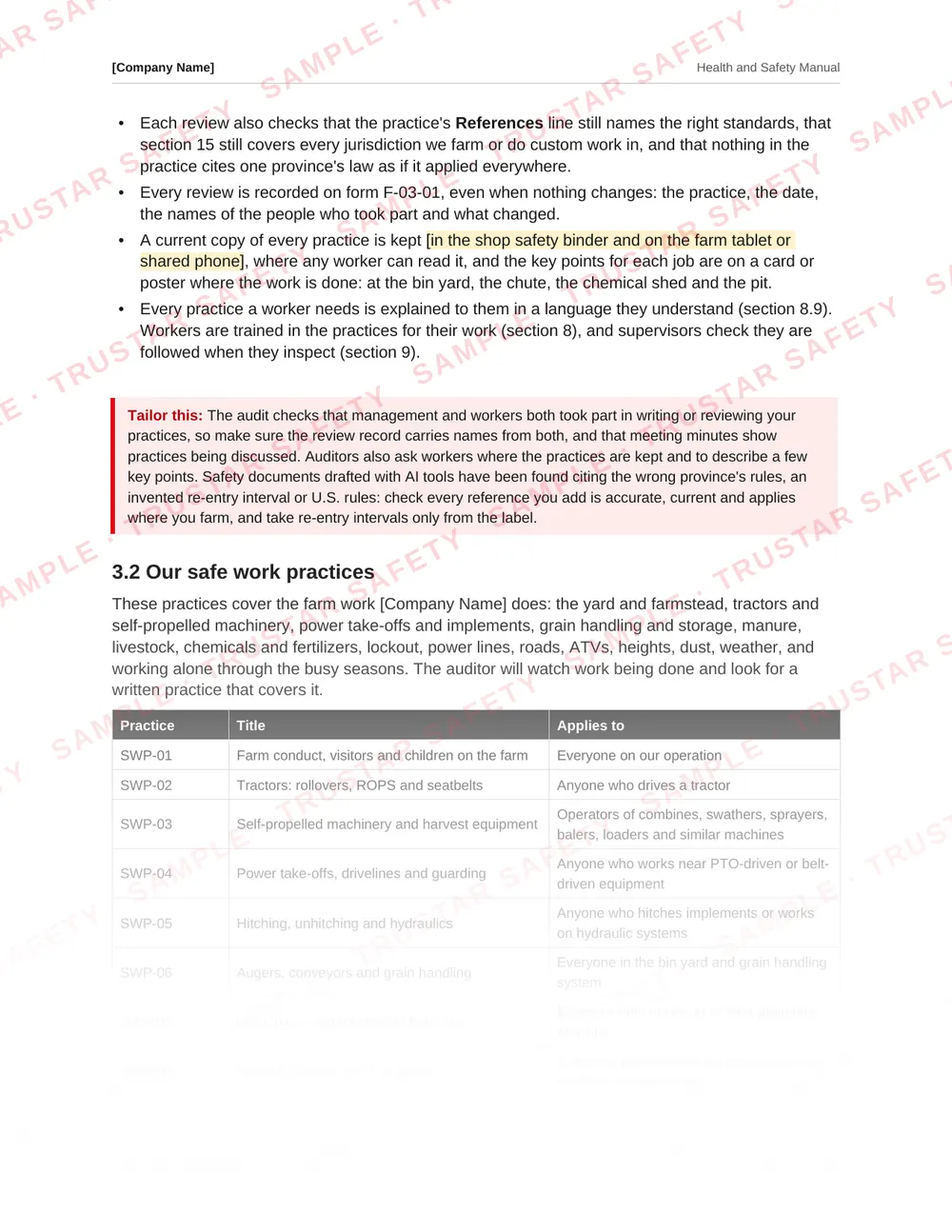 The grain bin and engulfment safe work practice from the agriculture health and safety manual template
