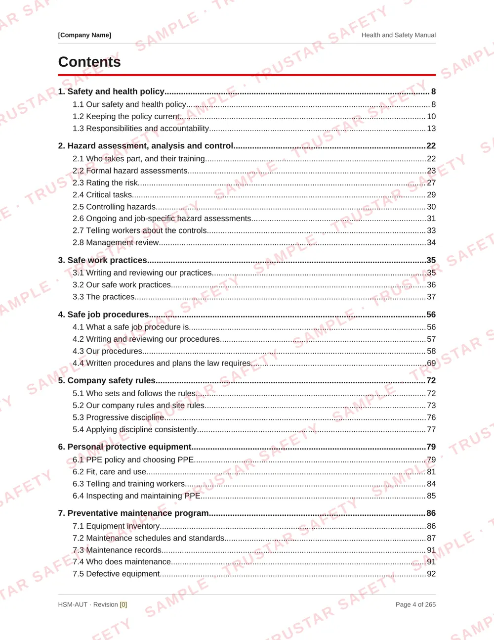 Table of contents of the autobody and automotive repair safety manual template