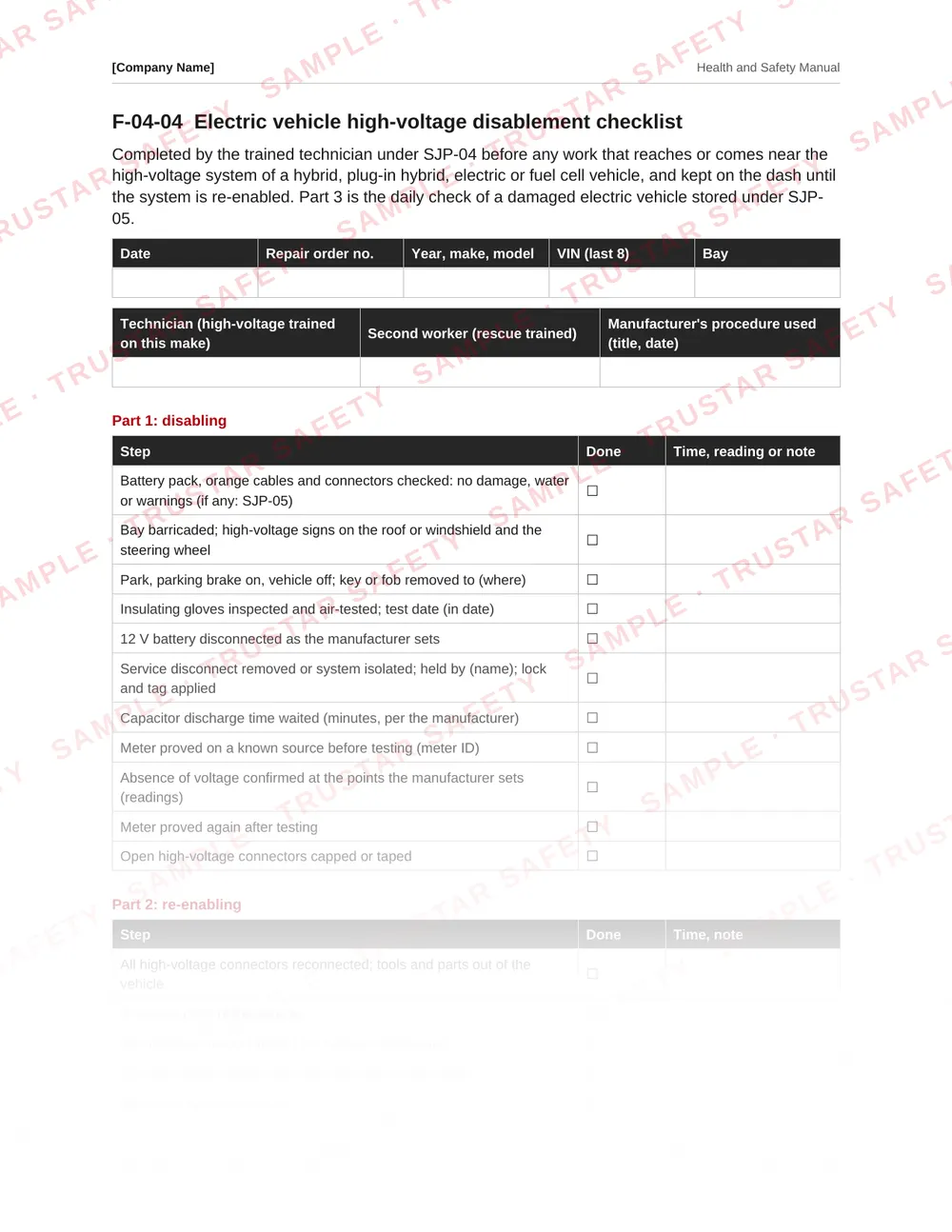 Electric vehicle high-voltage disablement checklist from the autobody and automotive repair safety manual template