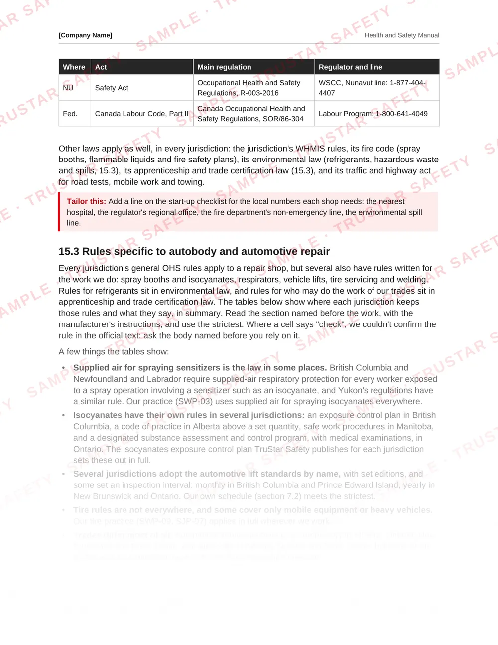 Table of each Canadian jurisdiction's rules from the autobody and automotive repair safety manual template