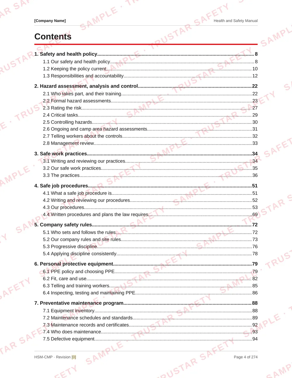 Table of contents of the remote camps and catering safety manual template